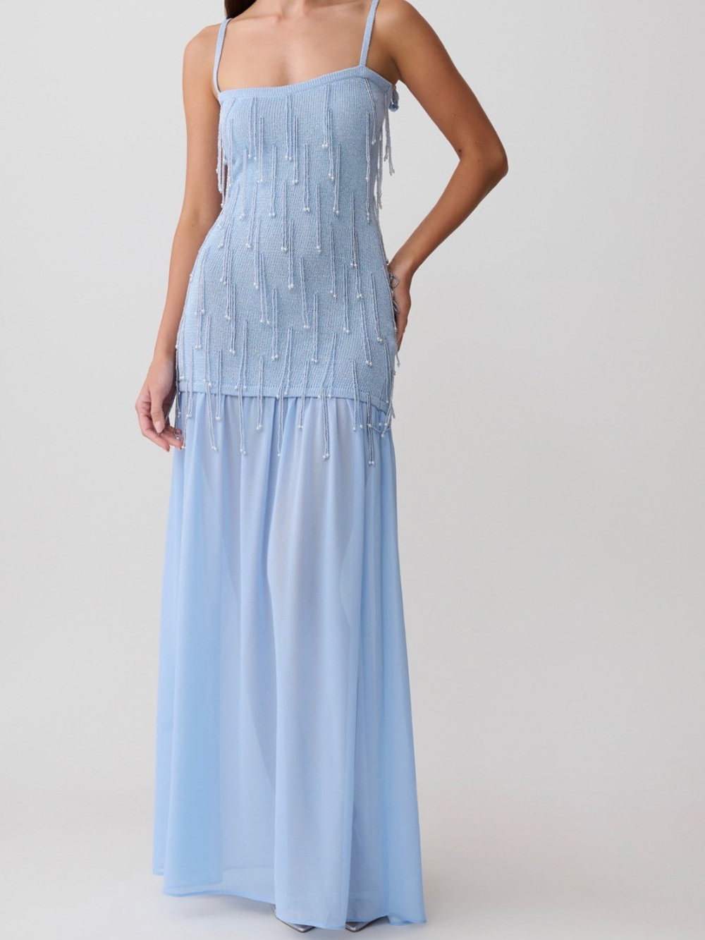 Meshki Pale Blue Beaded Strapless Evening Gown